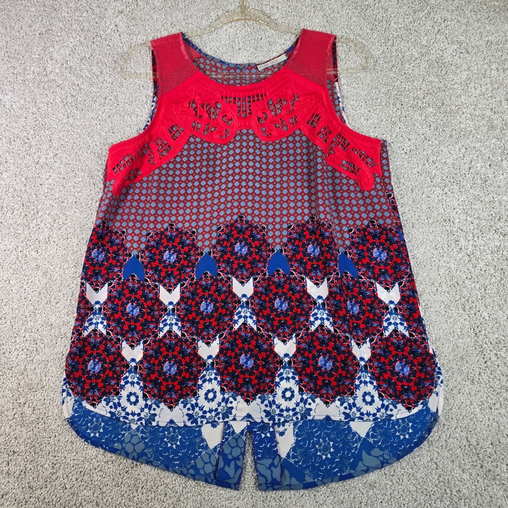 Pale Sky Women M Geometric Medallion Blouse Tank Top Red Blue Lace Cutout Boho